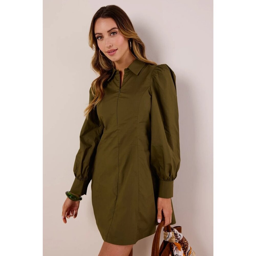 Avara Rhett Dress Mini Zip Up Balloon Sleeve Zip Up Cotton Poplin Olive Green L